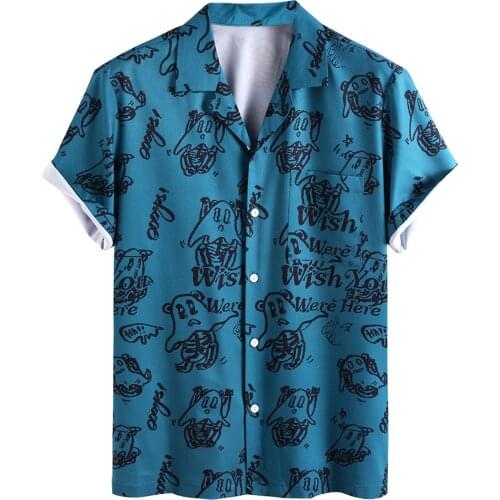 Mens Shirts Cartoon Japanese Ghost Printed Short Sleeve Breathable Button Up Hawaiian Blue Shirt