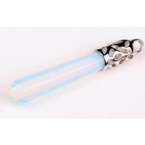 Natural Opal Gems Long Point Pendulum Pendant with Silver Plated Cap,Hexagon Healing Crystal Quartz Wand Pendant