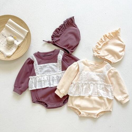 New 2021 Baby Girls Long Sleeve Bodysuit White Lace Stitching Overalls Outfits Autumn Fashion Infant Jumpsuit And Hat