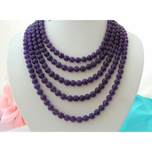 New beautiful classic long 100" genuine 10mm round purple beads necklace earring set