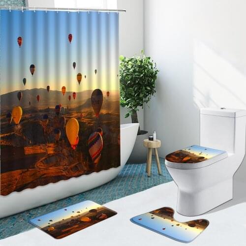 Hot Air Balloon Landscape Shower Curtain Natural High Mountain Non-Slip Rugs Bath Mat Toilet Cover Bathroom Decor Set Washable
