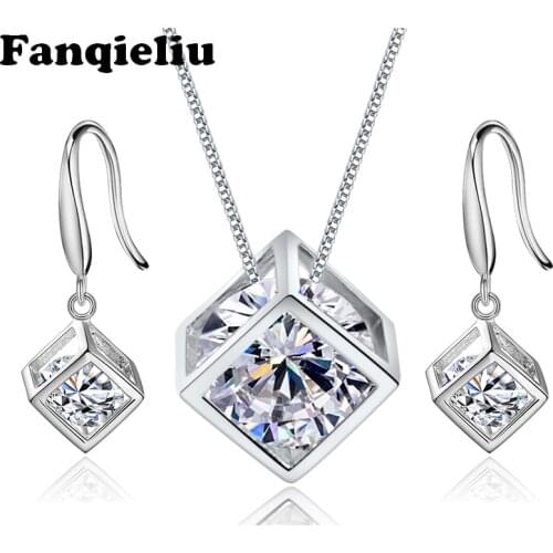 Fanqieliu Womens Jewelry Sets Necklace Earrings Set For Women Real 925 Sterling Silver Chain Crystal Drop Earrings Female