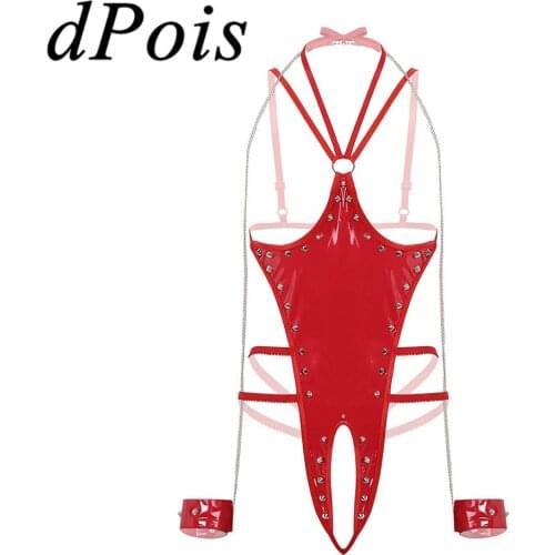 Women One-piece Sexy Lingerie Wetlook PVC Leather Open Cups Bra Crotchless Bodysuit Ladies Leotard High Cut Sleepwear One Piece