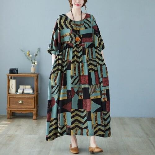 Oversized Women Summer Cotton Casual Dress New Arrival 2021 Arts Style Vintage Print Loose Female A-line Long Dresses B365
