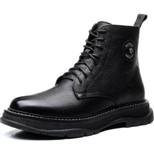 Bmante Mens Boots Genuine Leather Solid Dark Ankle Snow Boots Winter Flats High Top Shoes Gothic Owen Casual Male Sneakers