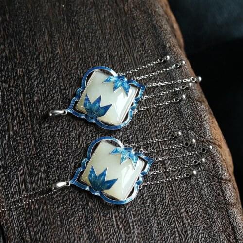 Designer original natural Hetian jade enamel bamboo knot tassel necklace pendant retro Chinese style ladies silver jewelry