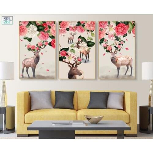 Canvas Art Flower Painting Nordic Style Kids Decoration Elk Animals Posters and Prints Wall Art Picture for Living Room No Frame