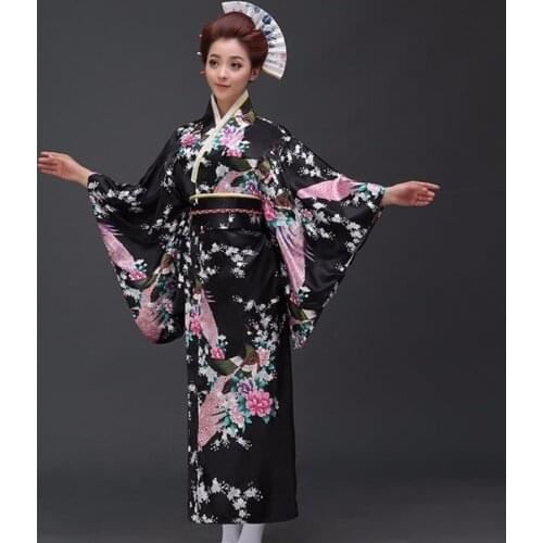 Black peafowl Japanese Kimono Womens Polyester Satin Kimono Yukata Evening Dress Haori Kimono With Obi One Size