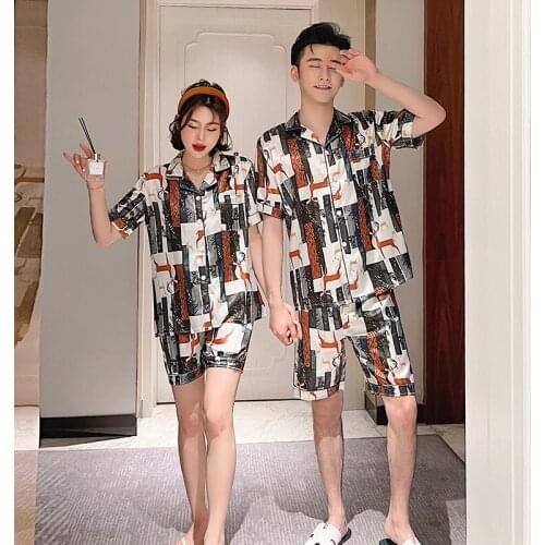 Couple Set Short Sleeve Trousers Button-Down Lovers Sleepwear Plus Size Pj Set Pyjamas Summer New Cartoon Silk Satin Pajamas