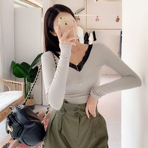 Korea 2021 Spring Summer Tops New Temperament Lace V-Neck Long Sleeve T-shirt Basic Slim Sexy Bottom Tshirt EQE0