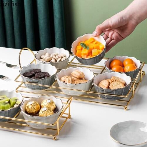 Creative Ceramic Snacks Fruit Plate with Metal Rack Coffee Table Living Room Decoration Nut Dessert Bowl Cake Plate Home Decor