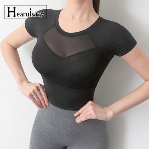 Sexy Net Yarn Patchwork Yoga Crop Tops Women Gym Fitness Running Short Sleeve Sport T Shirts Female Tight Training Clothing