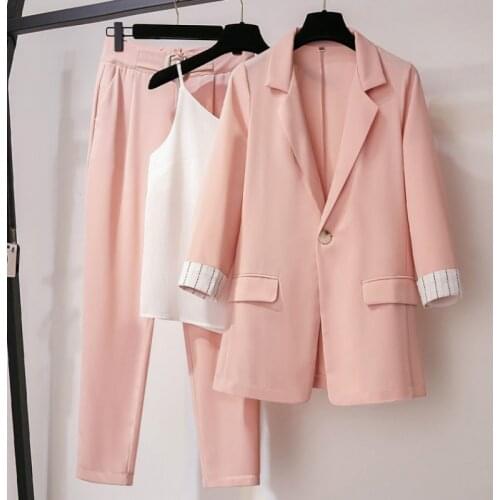 Summer Work OL Three Piece Set Blazer Jacket And Shorts OL 3 Piece Set Women 3/4 Sleeve Women Femal Set Outfits