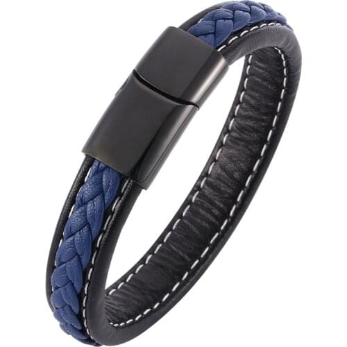 Fashion Men Jewelry Blue Black Braided Leather Rope Bracelet Magnetic Buckle Bracelets Punk Male Wrist Band Pulsera PD0009