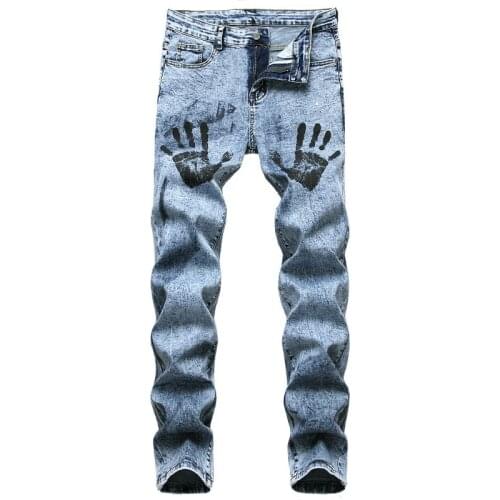 New Mens Male Casual Hands Palms Print Jeans Fashion Light Blue Snow Washed Slim Straight Stretch Denim Pants Trousers 930
