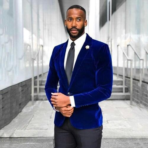 Royal Blue Velvet Smoking Jacket Costume Homme Suit Men Wedding Groom Tuxedo Best Man Blazers 2Piece Slim Fit Terno Masculino