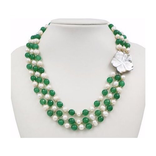 New Fashion Natural Freshwater 3 Rows White 7-8mm Pearl Green Jade Necklace Shell Flower Clasp 17"18"19"