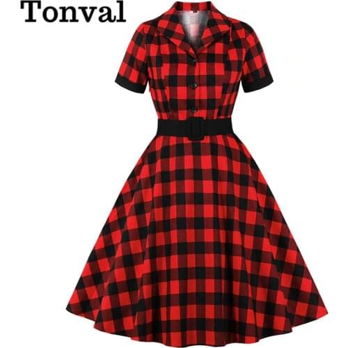 Tonval Gingham Vintage Dress Elegant Women Turn Down Collar Button Up Rockabilly 50s Style Red Plaid Cotton Dresses with Belt