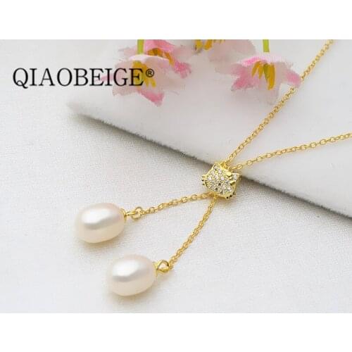 QIAOBEIGE diy making 925 Sterling Silver Pearl Pendant Necklace kt cat Long Chain Necklace Jewelry Wedding Necklace Accessories