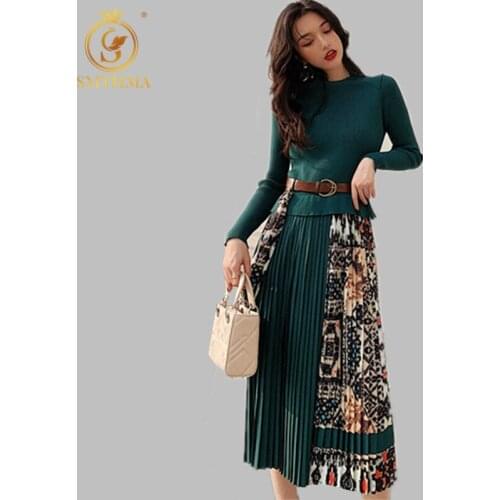 SMTHMA 2021 New Spring Elegant Knitted Patchwork Pleated Midi Dress Women Long Sleeve Vintage Runway Printing chic Dresses