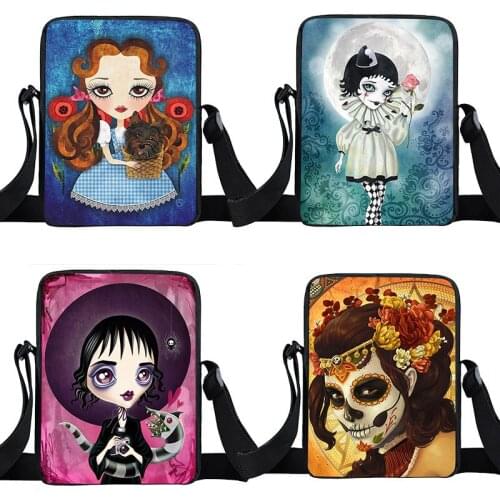 Cartoon Gothic Girl Messenger Bag Girls Mini Handbags Ladies Inclined Shoulder Bag for Travel Canvas Small Satchel Bookbags