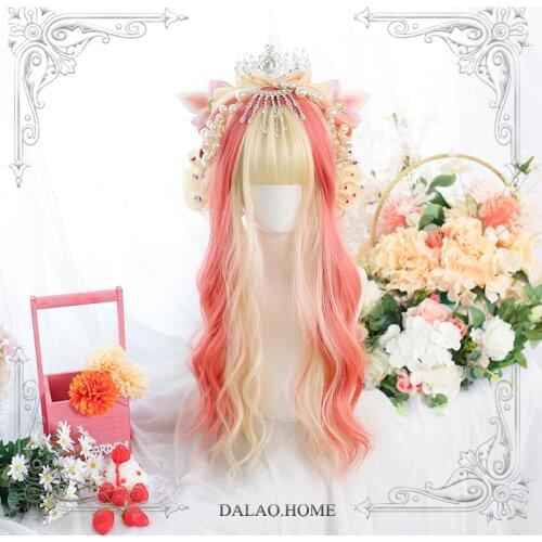 Blonde Highlight Pink Lolita Wig Harajuku Fairy Cosplay Bangs Pale Golden Wavy Sweet Adult Girls Hair