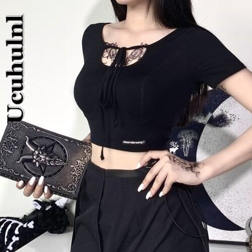 Ucuhulnl Punk Fashion T-shirt Women Short Sleeve Halter Collar Hollow Out Solid Tumblr Clothes Gothic Streetwear Top Tee Female