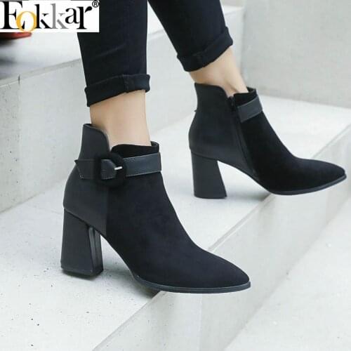 Eokkar 2021 Plus Size 46 Women Ankle Boots Zipper Casual Winter Boots Drop Shipping Buckle Boots Square Heel Black Women Shoes