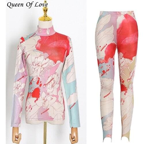 Aqua flora Print Two Piece Tracksuit Set For Women Turtleneck Long Sleeve Tops Full Length Pants flower Sets Female 2020
