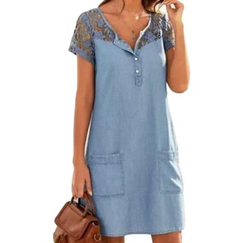 Women Fashion Short Sleeve Jeans Dress Lace Patchwork Buttons Pocket Knee-length Denim Dress Casual Womens Dress 2021 New