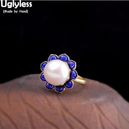 Uglyless Natural Pearl Blooming Lotus Flower Rings for Women Exotic Enamel Lotus Open Ring Solid 925 Silver Floral Jewelry R956