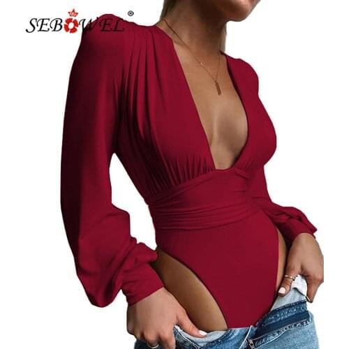 SEBOWEL Womens Sexy Long Sleeved Seep V Waist Folds Temperament Bodysuit 2021 Autumn Female Solid Jumpsuit Ladies Loose Rompers