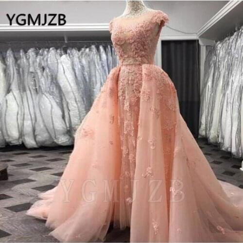 Elegant Pink Evening Dresses Removable Train 2020 Mermaid Appliques Lace Saudi Arabic Women Formal Prom Gowns Party Dress