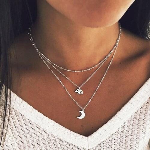 Vintage Multilayer Beads Chain Calf Elephant Moon Pendant Necklace Women Ladies Geometric Clavicle Necklace Jewelry YN1554