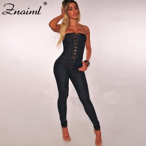 Znaiml Strapless Straps Single Buttons Sexy Denim Jumpsuit Women Rompers Pocket Bodycon Summer Jeans Overalls Casual Street Wear