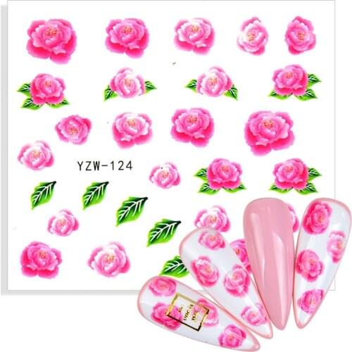 1 Sheet Pink Rose Flower Green Leaf Designs Nail Stickers Decal Water Transfer Slider For Nails Art Decorations