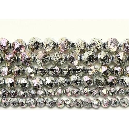 Natural Stone Big Cuts Faceted Shining AB Silver Plated Volcano Lava Round Loose Beads 15" Length 6 8 10 12MM