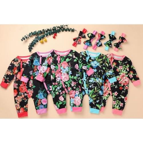 New Born Baby Girl Romper 2pcs Cotton Long Sleeve Floral Print Cute Baby Romper+bow Headband Colorful Autumn Baby Clothes 3-12M