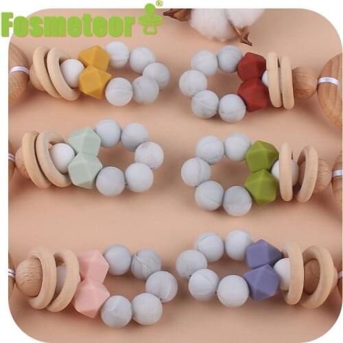 Fosmeteor Food Grade Silicone Beads Baby Teether Beech Wood Ring Teething Newborn Bracelet Play Gym Silicone Teether Toys