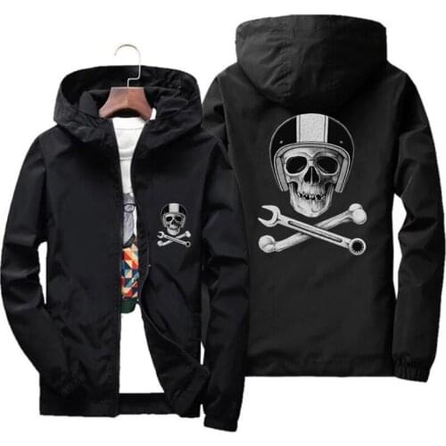 Mens Motorcycle With Skull Helmet Wrench Biker Cafe Racer Skull Thin Windbreaker Beach Casual Coat Bomber Jacket Plus Size 7XL
