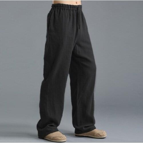 Summer Men Solid Color Linen Straight Casual Pants Plus Size Breathable Comfortable Drawstring Man Solid Color Loose Trousers