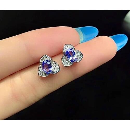 Fashion Sterling Silver Gemstone Stud Earrings 4mm*6mm Natural Tanzanite Stud Earrings 925 Silver Tanzanite Earrings Gift Girl