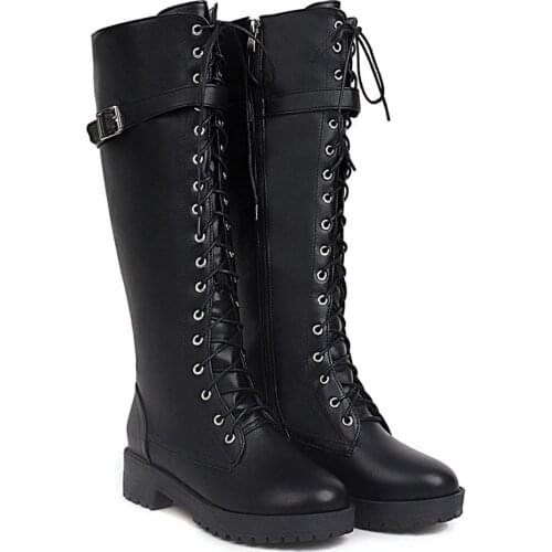 Thick-Heeled Cross-Tie Metal Belt Buckle Motorcycle Boots PU Plush Lining Wear-Resistant Rubber Sole Knee-Length Boots