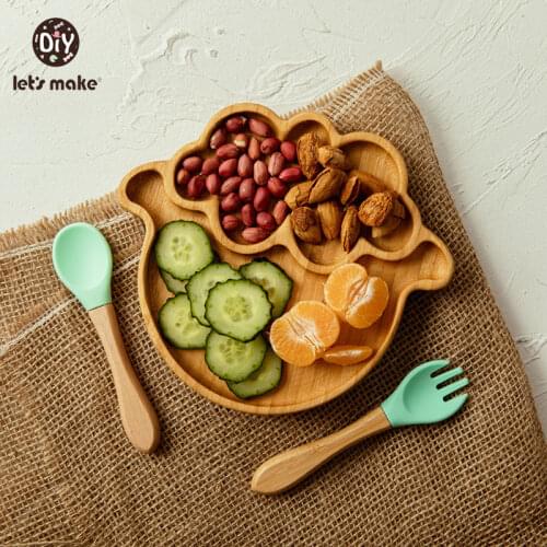 Lets Make Baby Dinner Plates Set Wooden Cartoon Dinner Plate Fork Spoon Children Feeding Plate Safe Edible Silicone Product