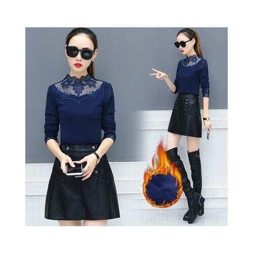 2018 mesh long sleeve spring and autumn and winter new Korean version of the wild small shirt lace inside to keep warm clothes