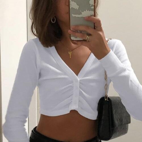 Buttons Solid Women Tshirts Pleated V-neck Harajuku Cropped Tops Korean Style Autumn Fashion Tops Tees Streetwear Women Tees