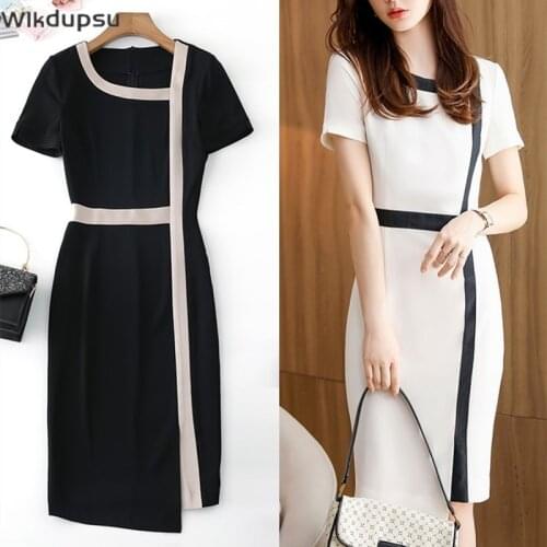 Office Dresses For Ladies Elegant Formal Classic Midi Pencil Dress Women White Black Short Sleeve Casual Work Clothes Plus Size