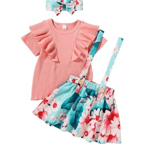 1-6Y Kid Girls Clothes Fashion Summer Girls Clothing Set Solid Short Sleeve Top+Floral Strap Skirt Girls Clothes Set 3pcs
