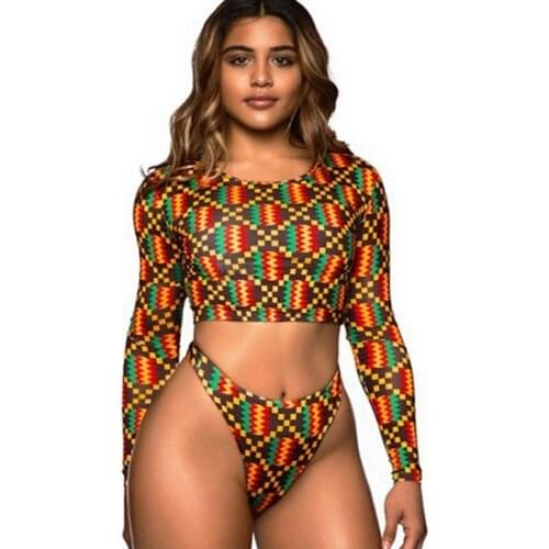 Printed HIGH WAISTED bikini long sleeves African high waist swimsuit thong bikini print high waist swimwear sexy bodysuit