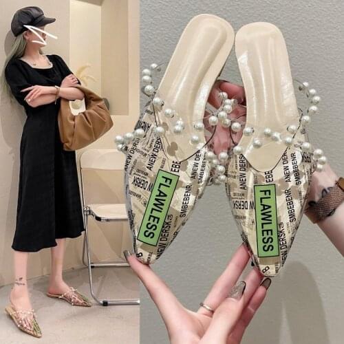 XIXIYIPIN 2021 Summer Transparent PVC Pearl Cross Fashion Sandals Womens Slippers Pointed Toe Flat Woman Slides Cute Sweet Girl